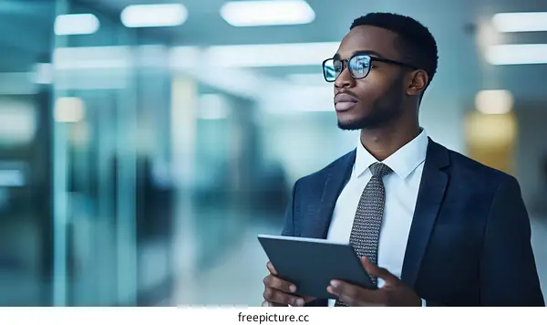 African American Businessman Using Tablet Computer in Modern Office