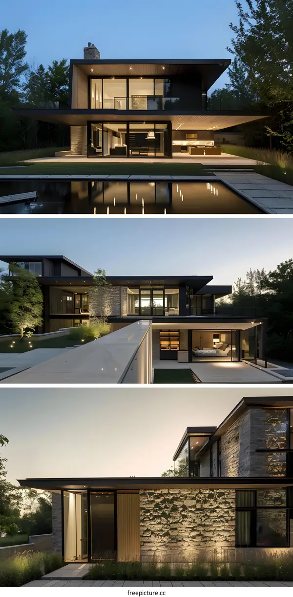 Modern House with Stone Facade and Large Windows