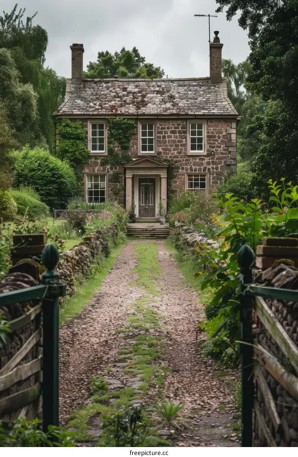 Stone cottage in the countryside surrounded by trees and flowers