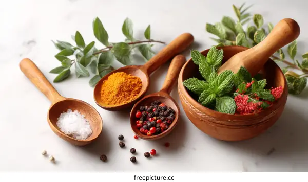 Wooden Utensils with Spices and Herbs on Marble Surface