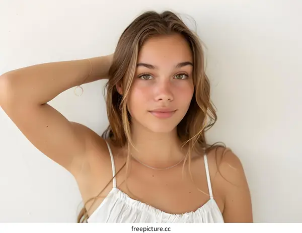 Young Woman with Long Brown Hair and Freckles