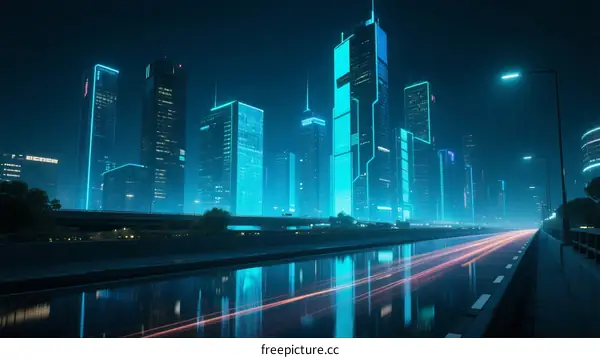 Modern Urban Night Scene with Futuristic Skyscrapers and Light Trails