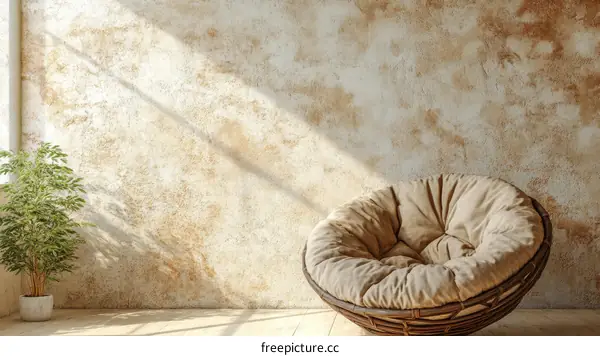 Empty Beige Wicker Chair in a Rustic Room