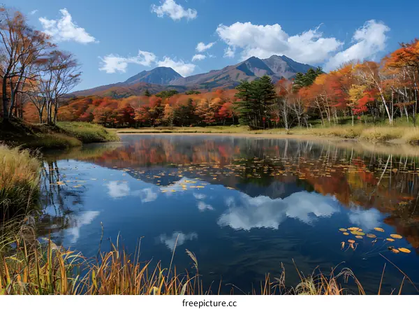 Colorful autumn leaves and Mt. Asma reflected in a pond