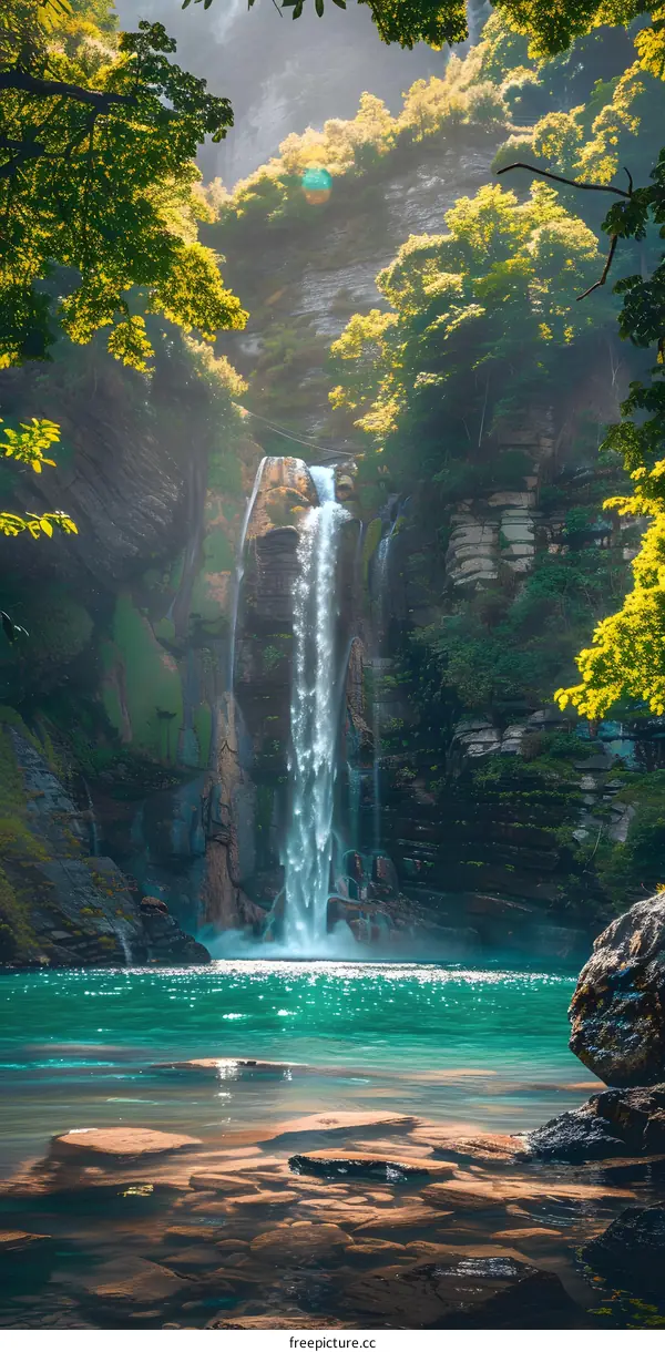 Waterfall Flowing Through Lush Greenery