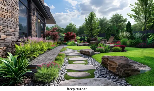 Modern Garden Design with Stone Path and Lush Greenery