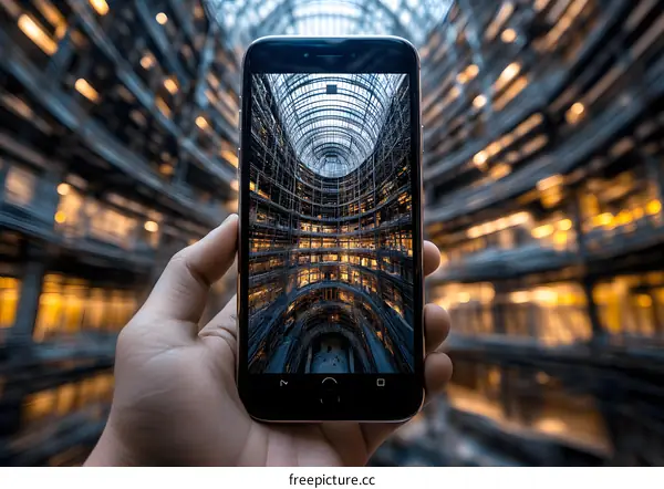 Hand Holding Phone Camera Capturing Interior Building Architecture