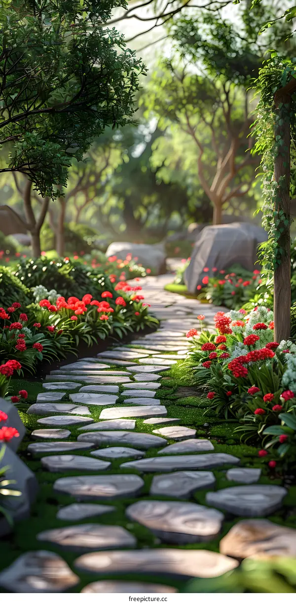 Stone path in a lush garden