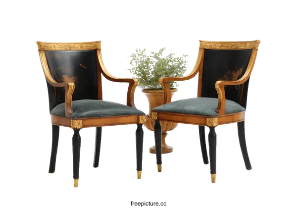 [Transparent Background PNG]Pair of Antique Style Armchairs with Dark Blue Cushions