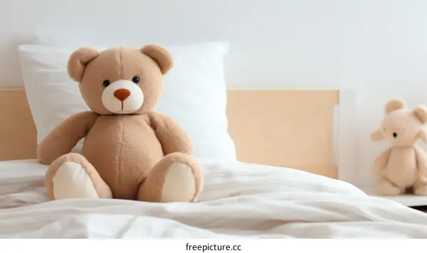A cute teddy bear sitting on a bed with a white blanket