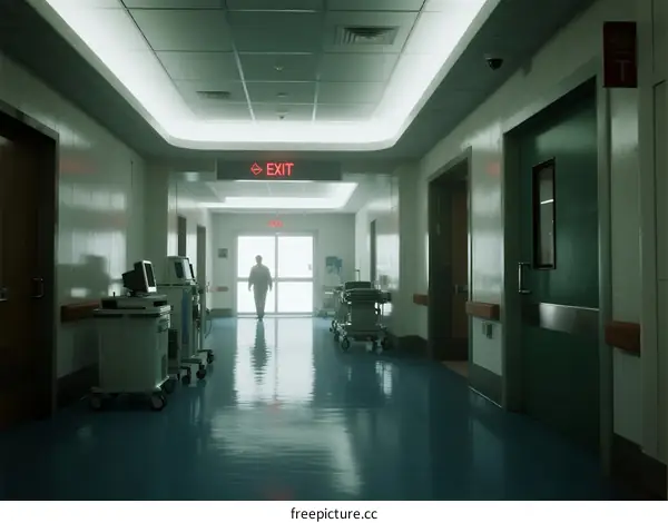 A quiet hospital corridor with an exit sign and medical equipment visible