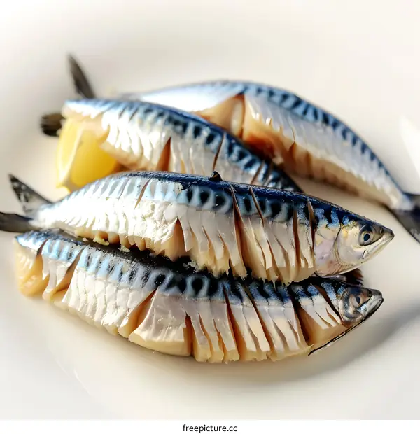 Three Fresh Mackerel on a White Plate
