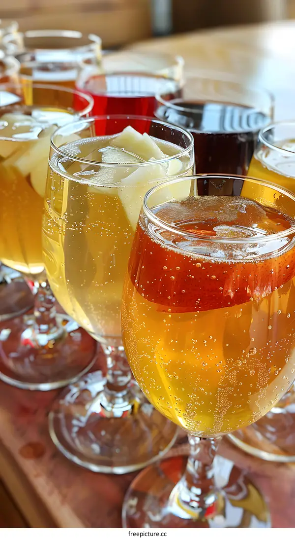 Close Up Of Glasses Of Sparkling Apple Cider With Slices Of Apple