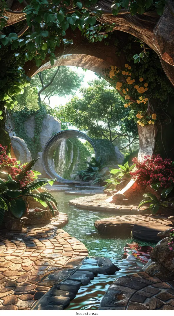 Fantasy landscape with stone archway and river