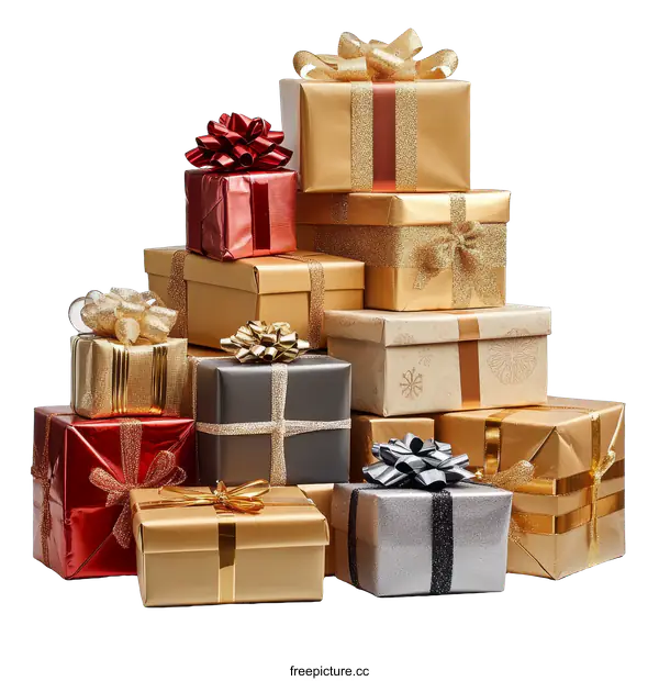 [Transparent Background PNG]Stacked Gift Boxes with Colorful Ribbons and Bows