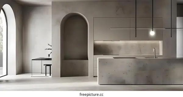 Modern Minimalist Kitchen Design with Arched Window and Concrete Countertop