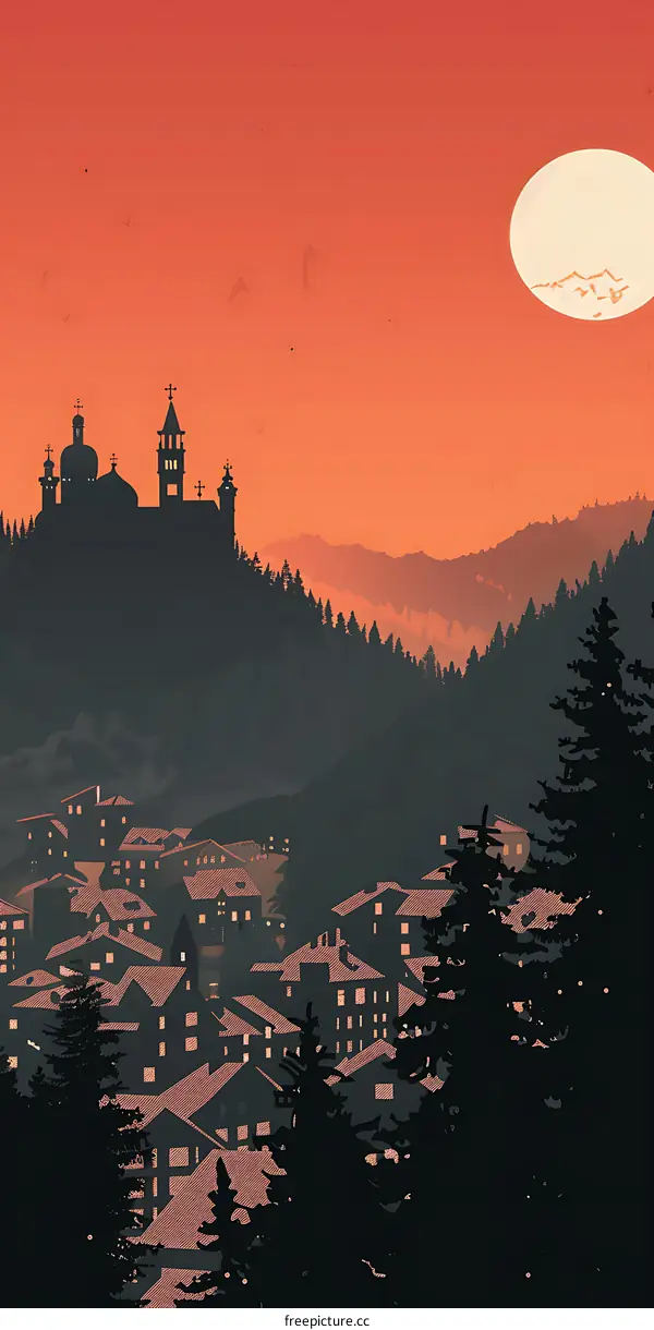 Silhouette of a Church on a Hilltop with a Full Moon in the Sky