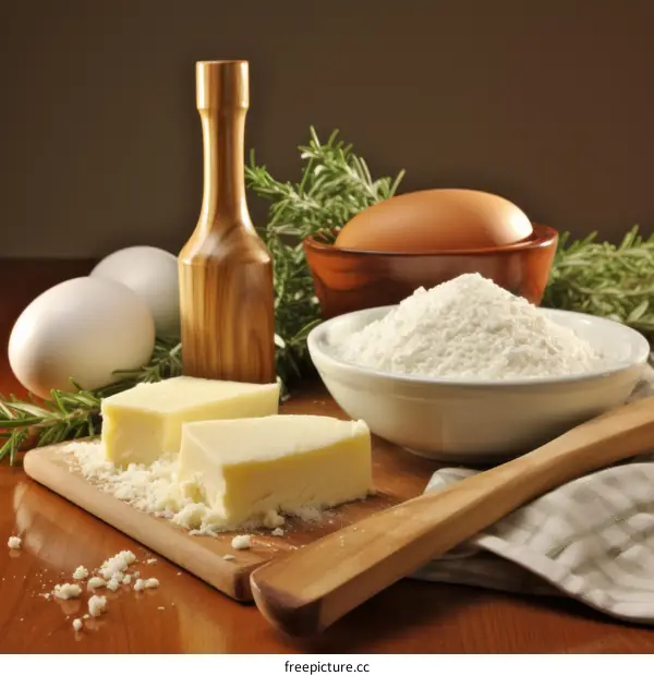 Fresh ingredients for baking bread and pizza