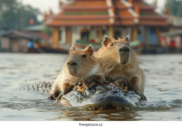 Two capybaras riding on a crocodile in a river with a temple in the background