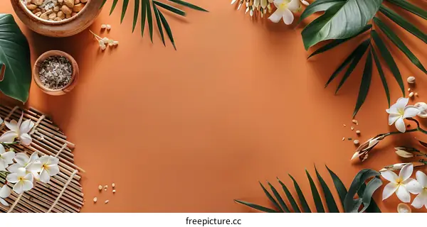 Tropical Floral Background with Palm Leaves and White Flowers