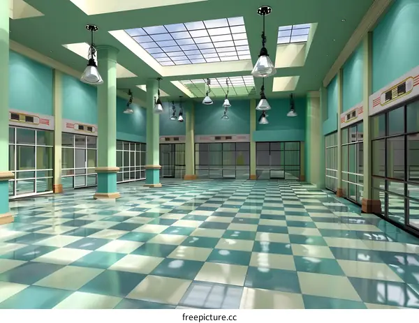 Empty Interior Space With Checkered Floor And Skylight