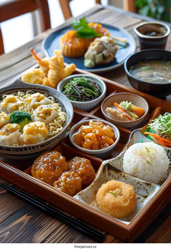 Delicious Japanese Bento Box with Noodles, Rice, and Fried Food