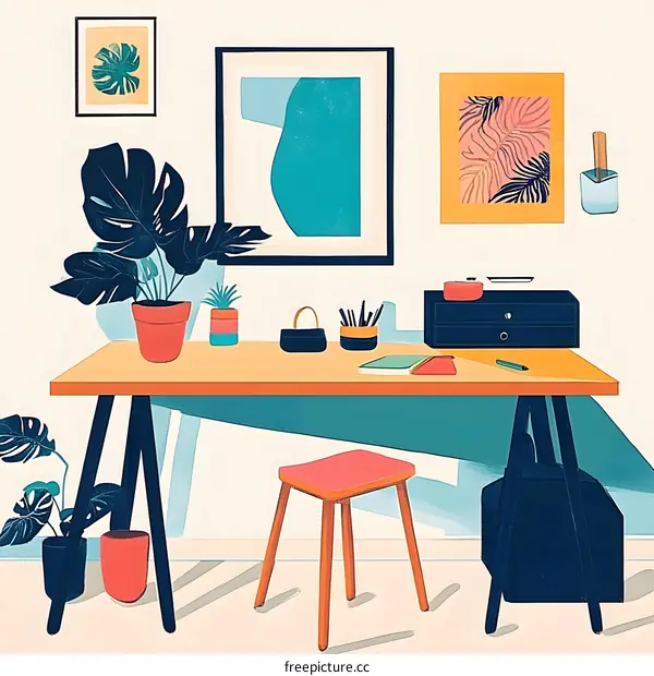 Modern Home Office Desk Illustration with Plants and Accessories