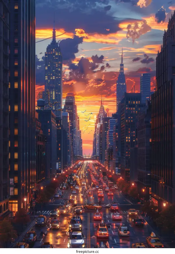 New York City Sunset Over Fifth Avenue Skyscrapers