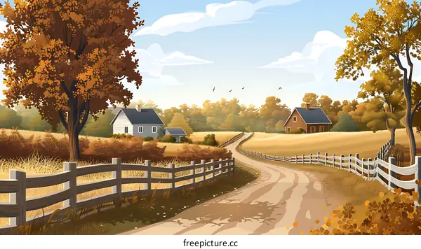 Autumn Countryside Landscape with Two Houses