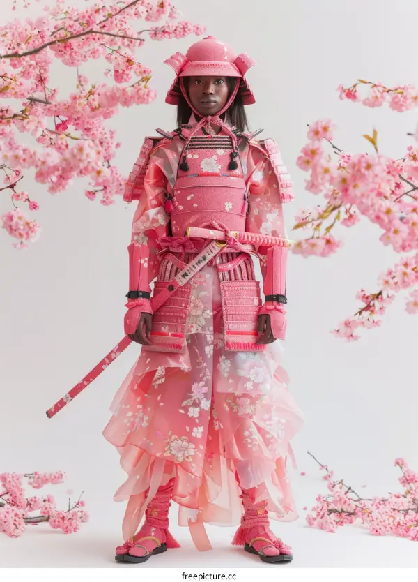 Black female samurai in pink samurai armor and cherry blossoms