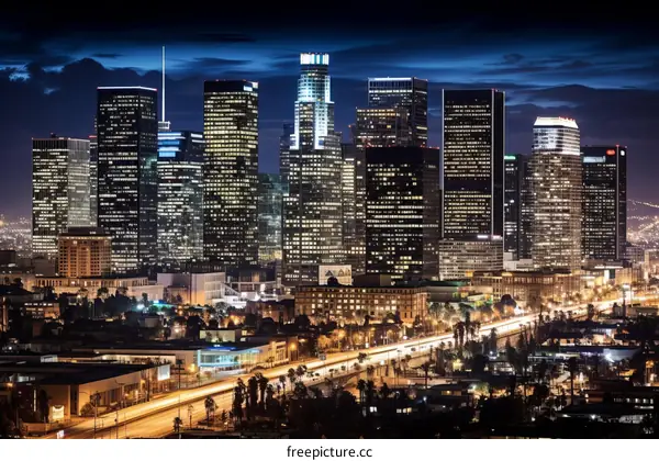 Night view of downtown Los Angeles, California, USA