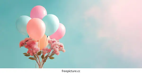 Pastel Balloons and Flowers Against a Soft Sky