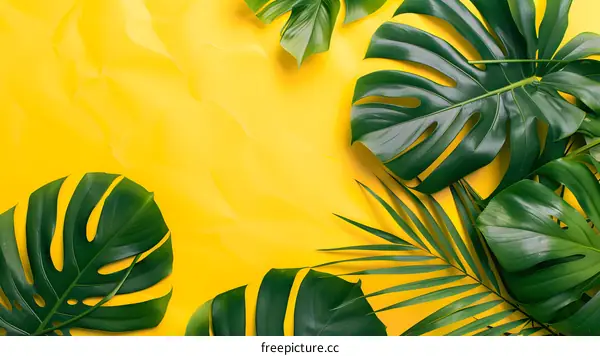Tropical Leaves on Yellow Background