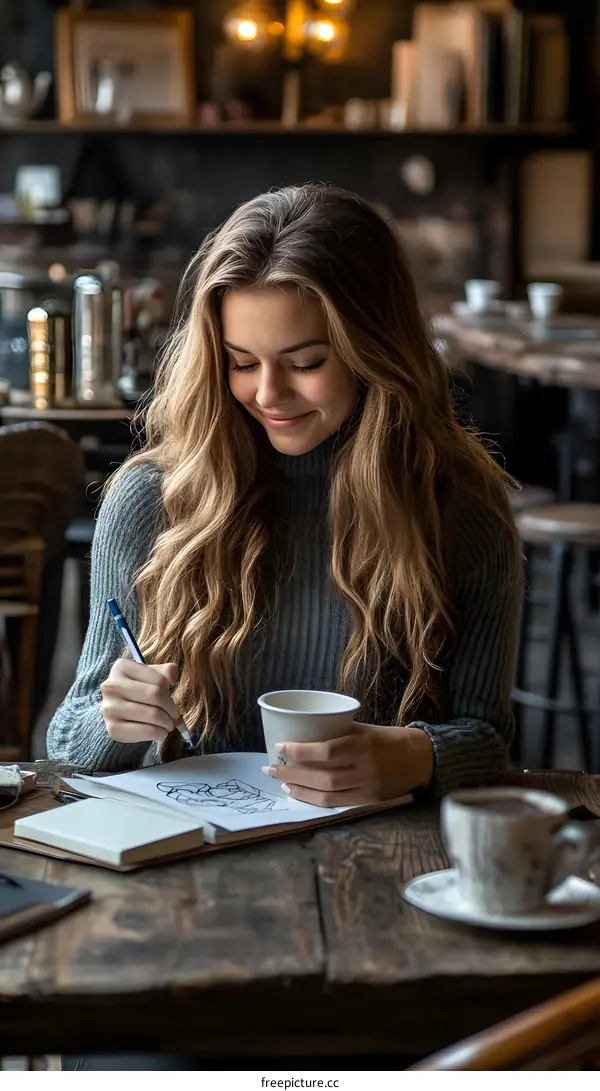 Young Woman Drawing in a Cafe