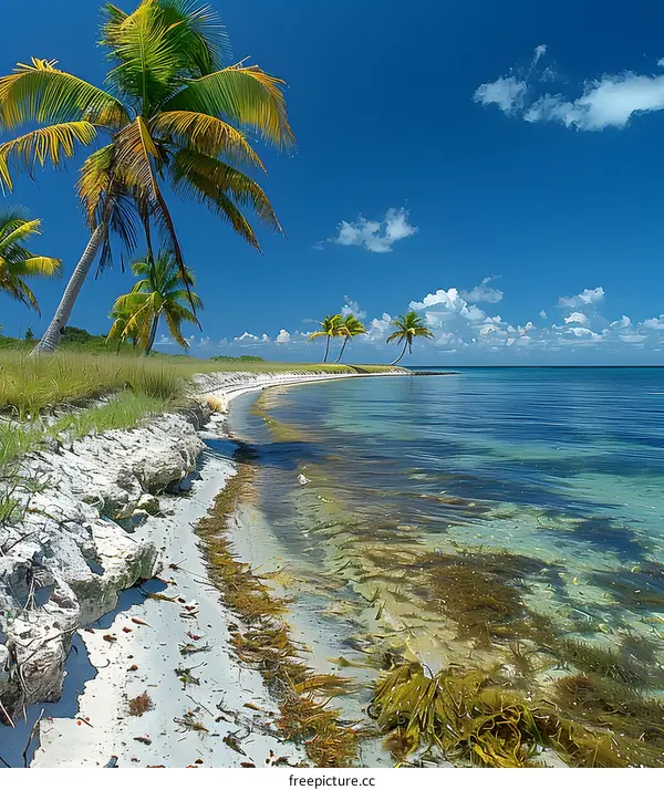 Palm trees on a tropical beach with white sand and blue water
