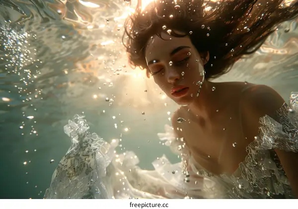 A woman in a white dress is swimming underwater with her eyes closed.