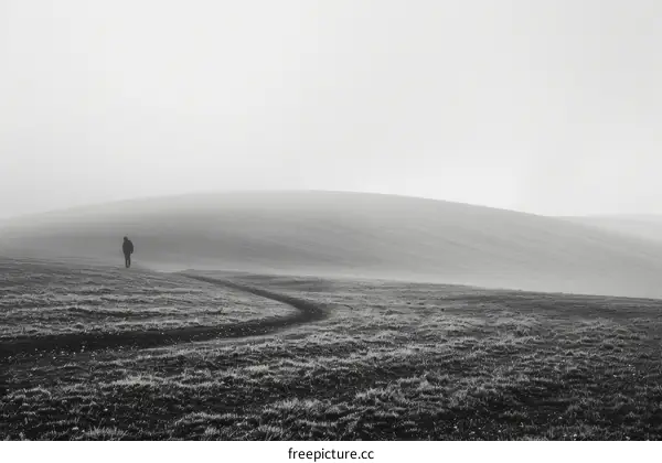Man walking alone in a foggy landscape