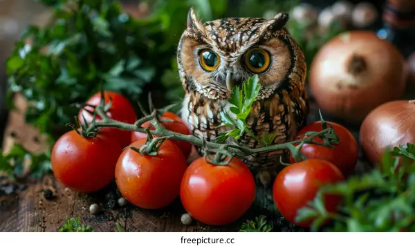 Owl perched on a branch with tomatoes and onions