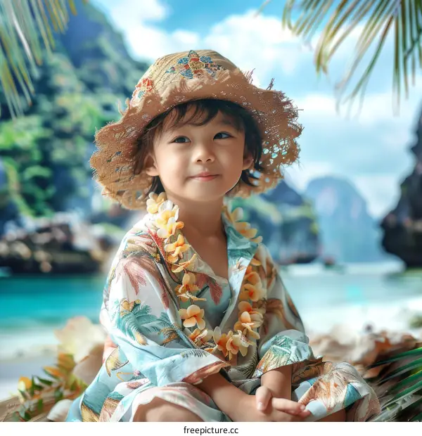 Little Asian boy in a straw hat and a flower necklace is sitting on the beach