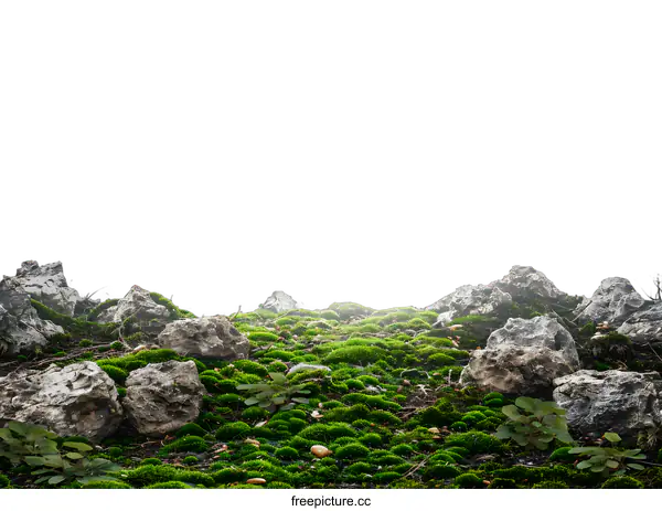[Transparent Background PNG]Green Moss Covered Rocks Against a White Background