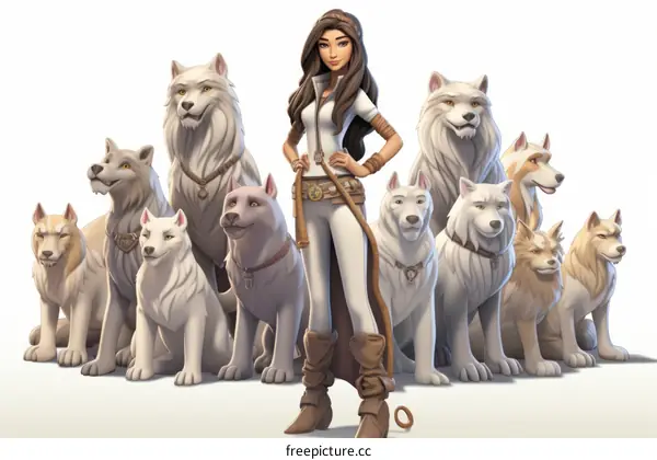 A woman standing with a pack of wolves