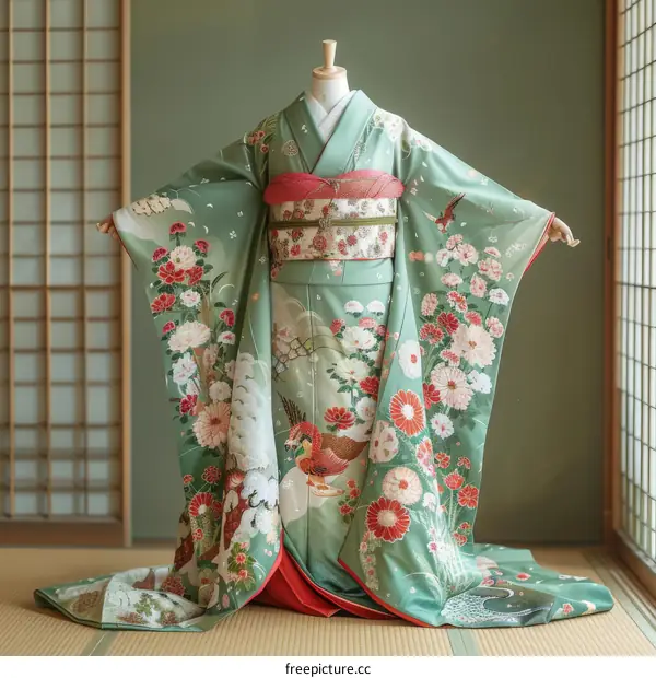 A kimono with a pattern of red and white flowers and a phoenix.