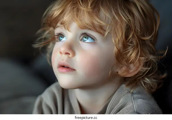 Portrait of a young boy with red hair and blue eyes looking up
