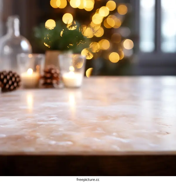 Christmas table with blurred background of lights and decorations