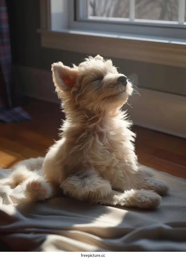 A cute puppy is sitting on the floor in front of a window