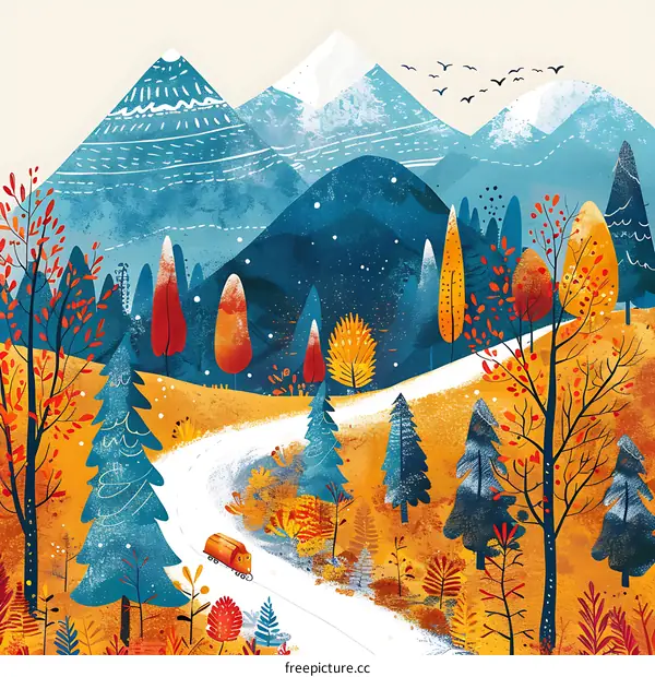 Winter Landscape with Mountains, Trees and a Truck