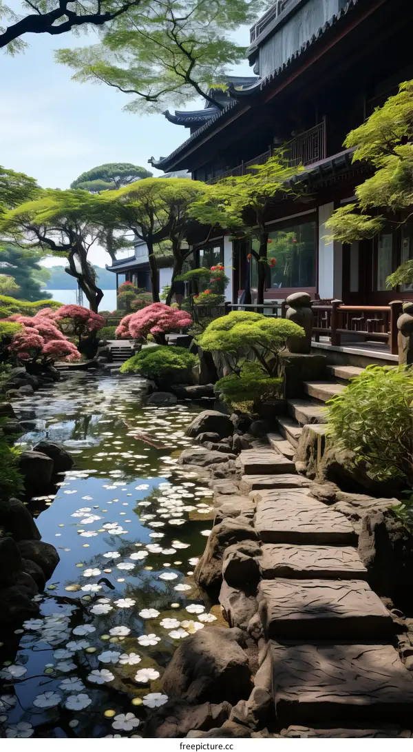 Tranquil Japanese Garden with Pond, Trees, and House