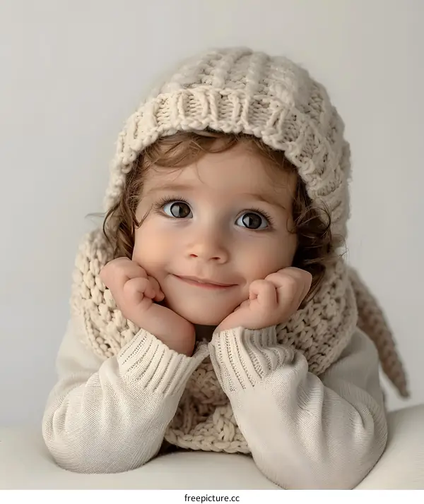 Cute Baby Girl Wearing Knit Hat and Scarf