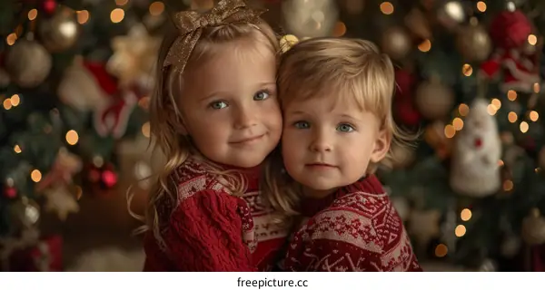 Two young children, a boy and a girl, pose for a photo in front of a decorated Christmas tree.