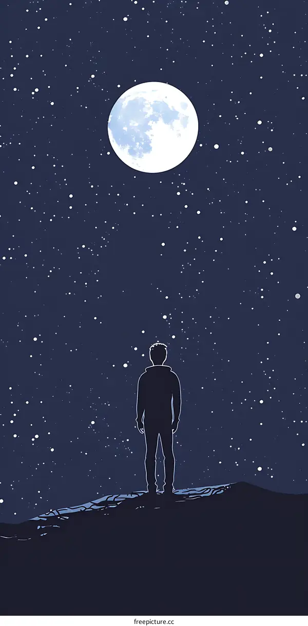 Man Silhouette Standing Under Full Moon And Stars